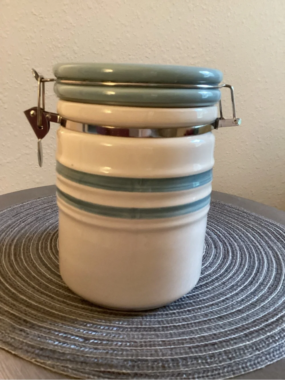 Key Lime Lexi Ceramic Blue/Cream Striped  Airtight Latch Jar With Spoon NWT